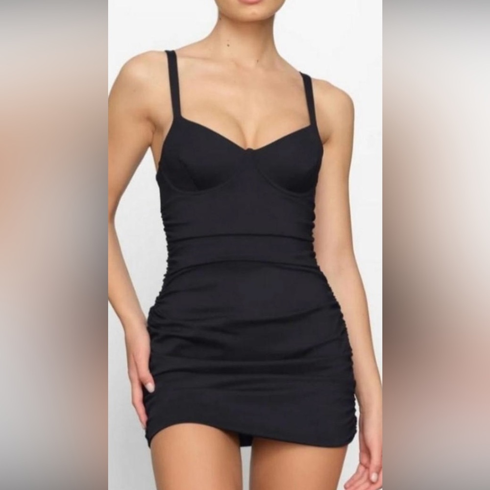 Skims XL nwt Black Ruched Mini Dress (shorts & shape wear underneath)